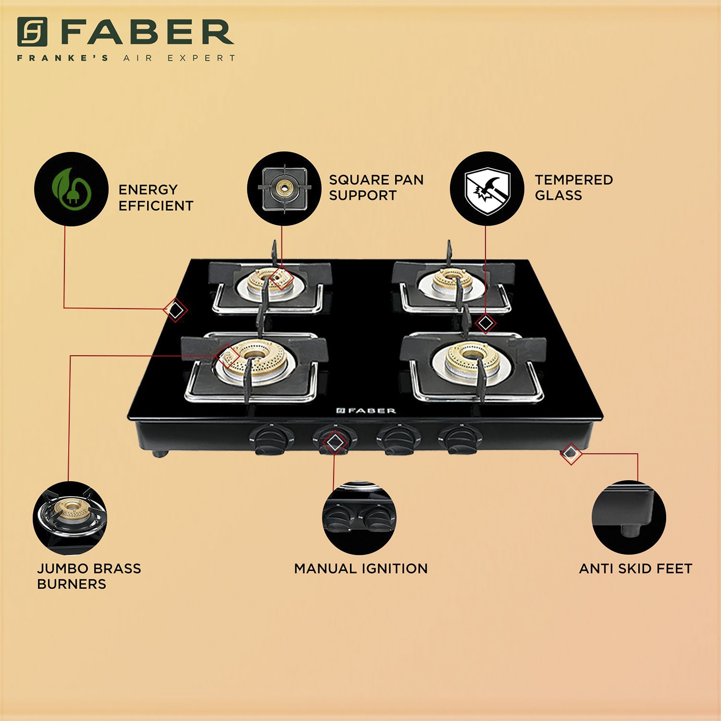 Buy Faber Pearl Bb Bk Tempered Glass Top Burner Manual Gas Stove